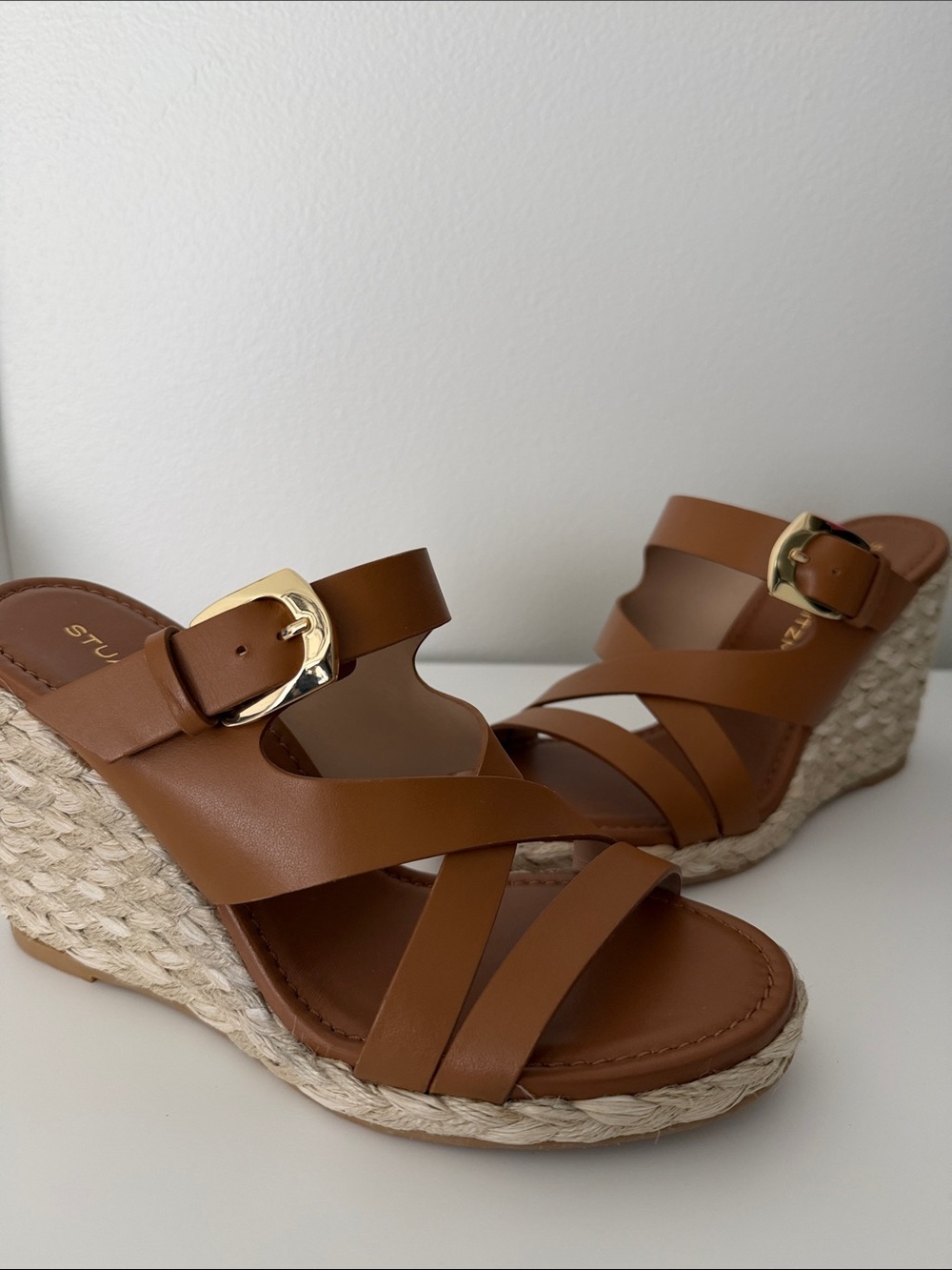 Stuart Weitzman Tan Espadrille Wedge Sandals with Gold Buckle - Picture 5 of 7